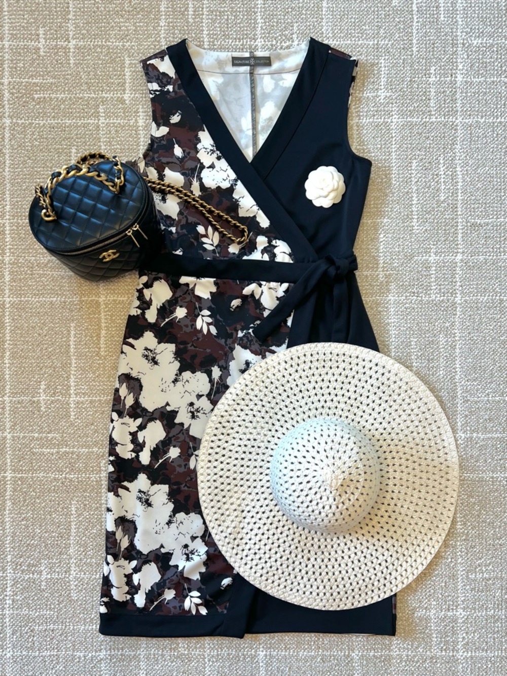 2 Dresses for $22! Sleeveless Black Floral Wrap Dress with Ivory Accent SP 6-8